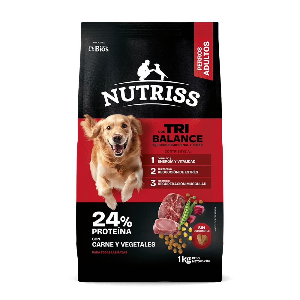 Nutriss Tribalance Adultos con Carne y Vegetales es un alimento seco para perros adultos con nueva fórmula y 24% de proteína
