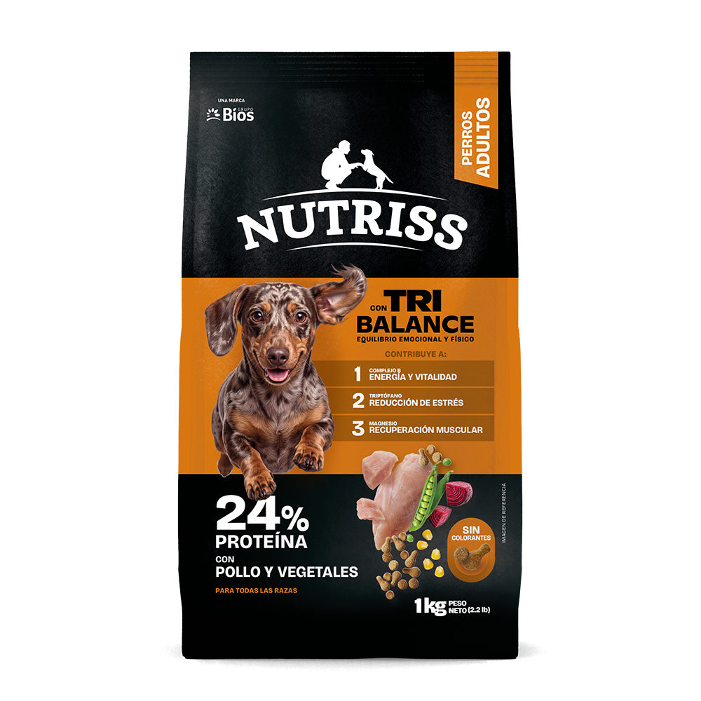 Nutriss Tribalance Adultos con Pollo y Vegetales es un alimento seco para perros adultos con nueva fórmula y 24% de proteína, con proteína animal como primer ingrediente.